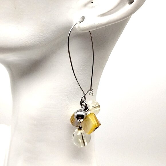 Artisan Clear Glass Bead & MOP Shell Cluster Dangle Earrings with Latch Wires - Picture 7 of 13
